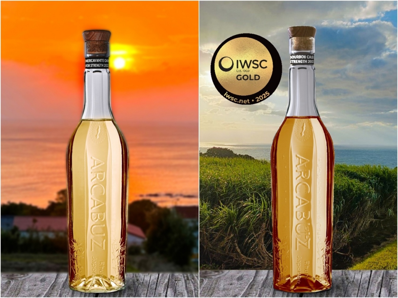 「アメリカンホワイトオーク カスク ストレングス」（左）と、「バーボンカスクストレングス」（右）。