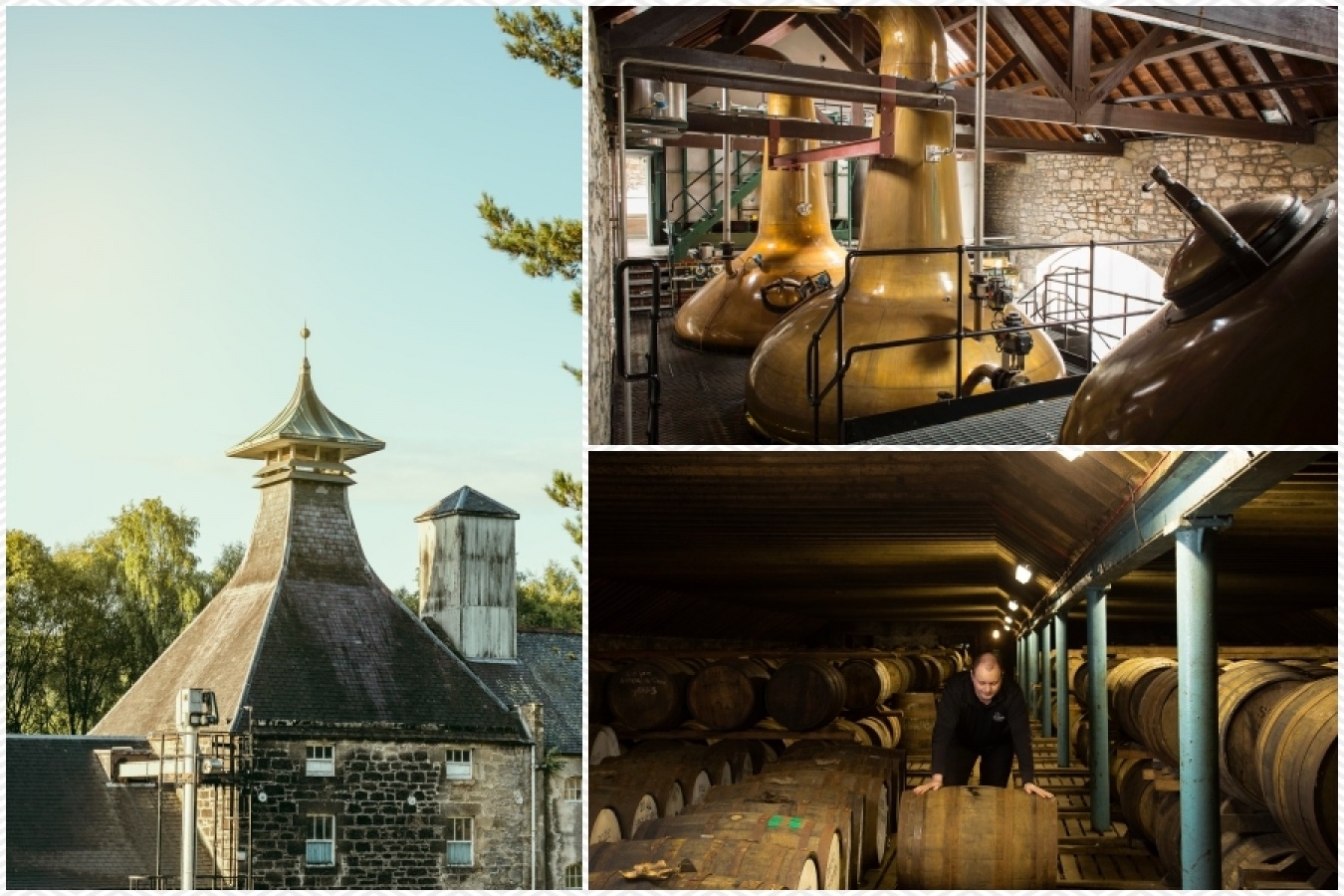 左は著名な建築家、チャールズ・ドイグによって設計されたキルン(乾燥棟)のパゴダ屋根。蒸溜所では伝統を大切にしながら近代的な設備も投入している。写真提供:SPEYBURN